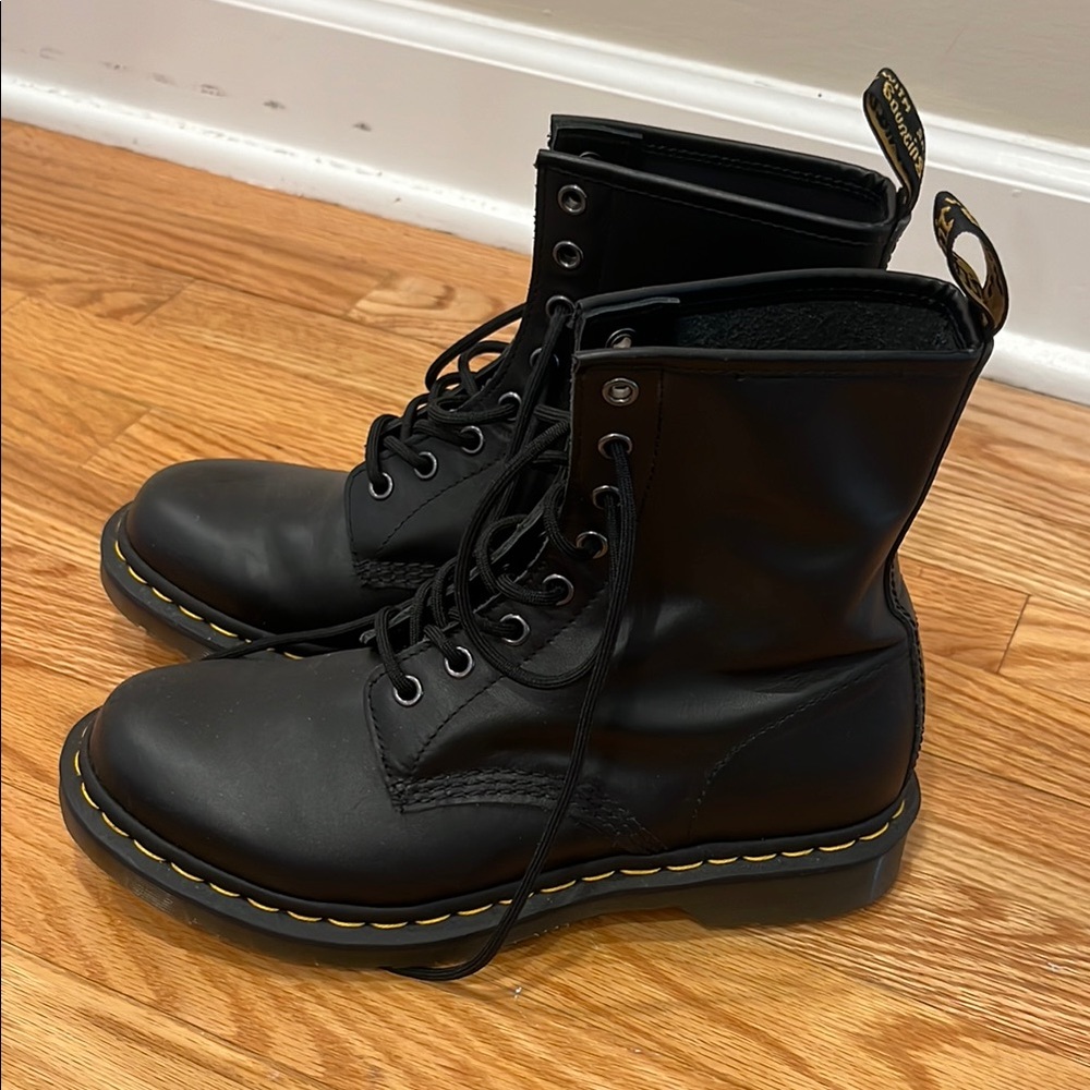 Dr. Martens Black Leather Boots with Yellow Stitching. Only worn once!